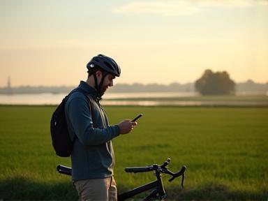 Fietser bij Hollands polderlandschap met telefoon