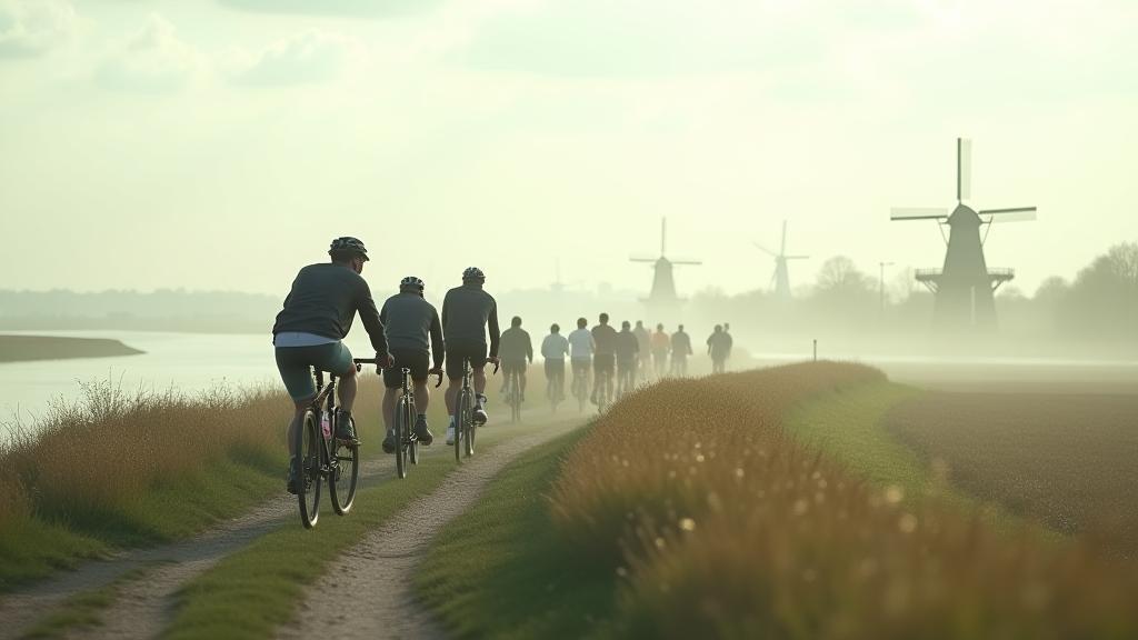 Groep fietsers op een dijk met Nederlands landschap