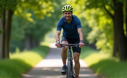 Fietser met helm op een rustig pad